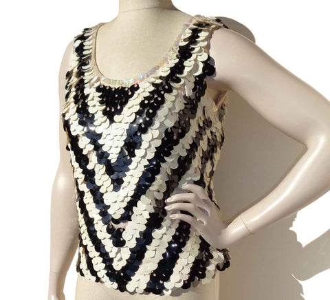 Vintage 60s B&W Chevron Paillette Wool Sleeveless Top