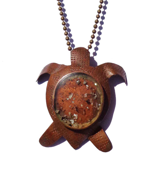 Vintage 70s Copper Sea Turtle Pendant Necklace - Artisan