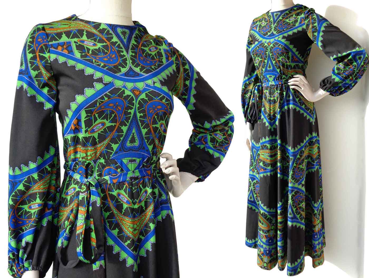 Vintage 70s Psychedelic Maxi Dress Boho Mod Paisley Print M