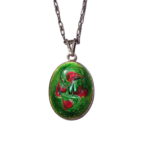 Vintage 70s Modernist Necklace Green & Red Enameled Sterling Silver Pendant 
