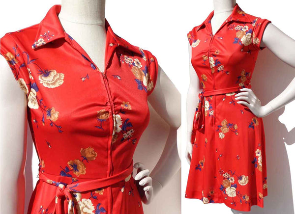 Vintage 70s Red Floral Summer Dress Rose Print S XS