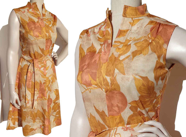 Vintage 70s Peach Fruit Summer Dress All Over Print S