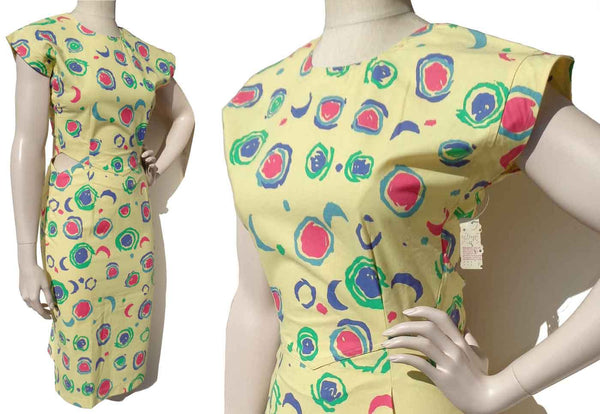 Vintage 80s Gitano Dress Yellow Abstract Side Cutouts XS – Deadstock w/ Tag