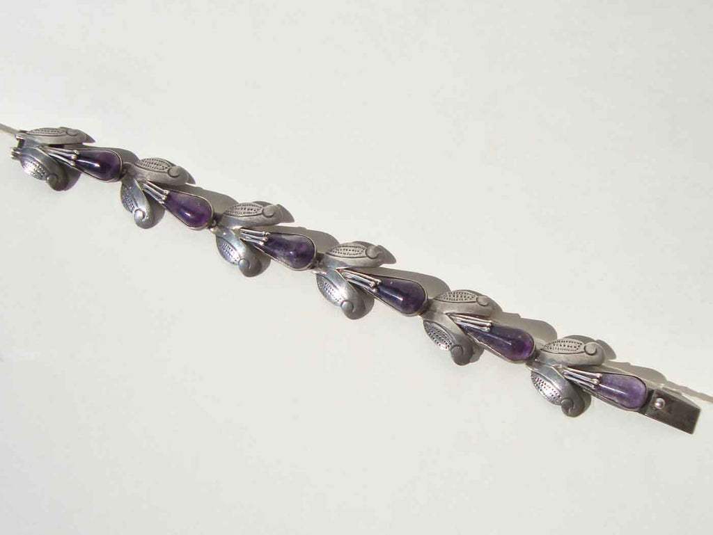Vintage 40s Taxco Corn Husk Sterling & Amethyst Bracelet – F Vintage 40s Taxco Corn Husk Sterling & Amethyst Bracelet – F