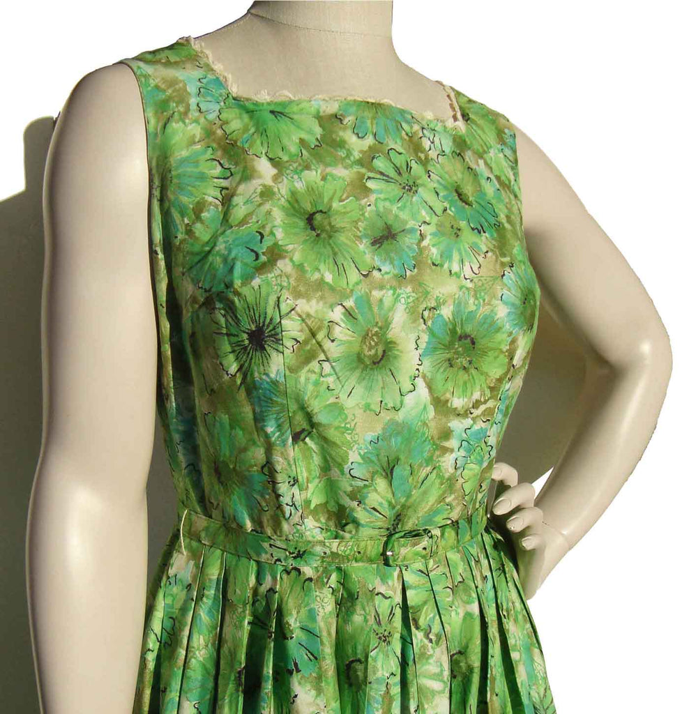 green garden party dress Vintage 50s Green Floral Dress Garden Party Full Skirt Cotton M