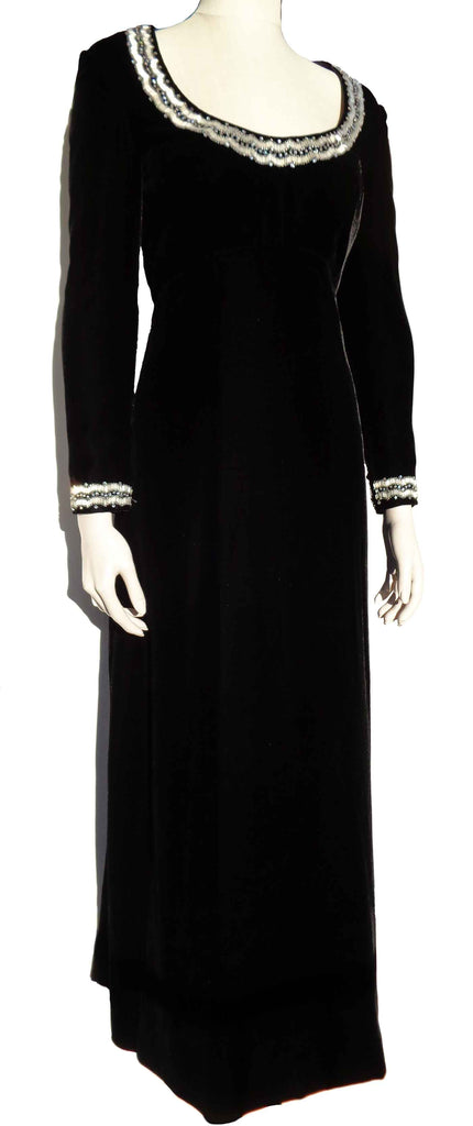 Vintage 60s Black Velvet & Rhinestone Beaded Evening Dress Gown S XS Vintage 60s Black Velvet & Rhinestone Beaded Evening Dress Gown S XS