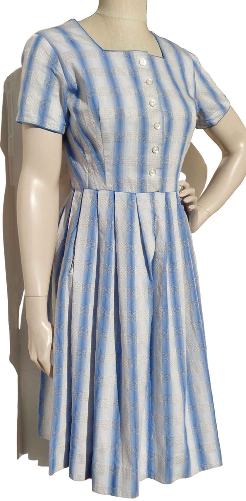 Vintage 60s Dress Blue & White Cotton Matelassé Day Dress M