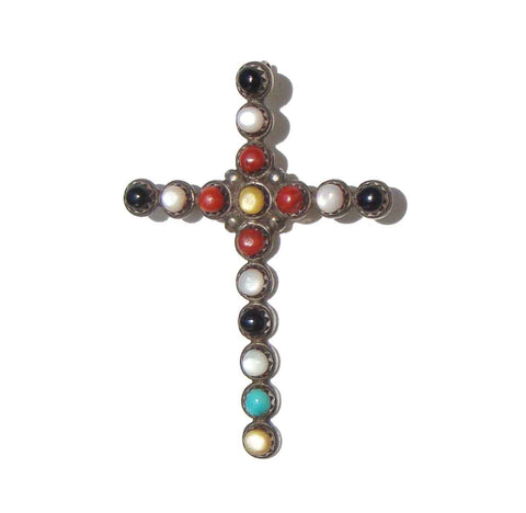 Vintage Navajo Cross Sterling Silver & Multicolor Gemstones Brooch & Pendant