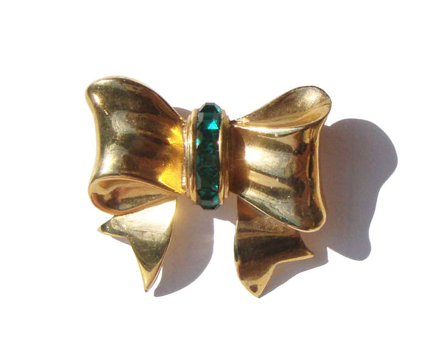 Vintage JL Aldenkamp Bow Brooch Green Crystal Rhinestone Cocktail Pin