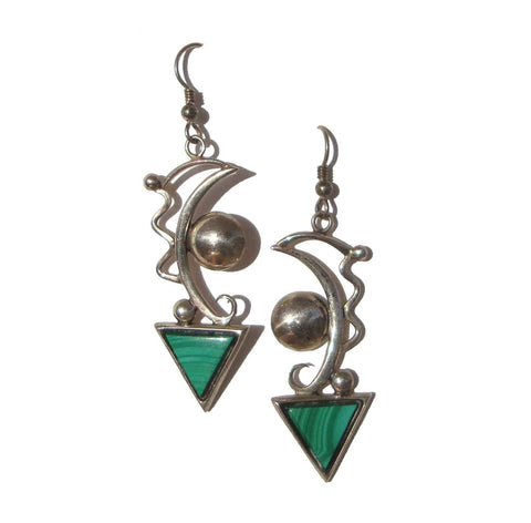 Vintage Sterling Silver & Malachite Earrings Kinetic Modernist Style