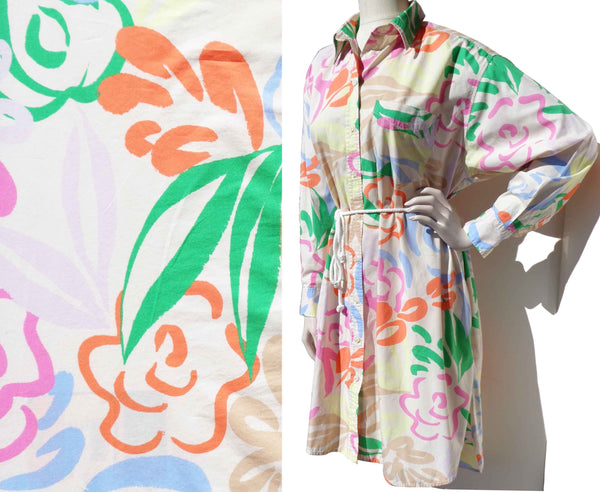 Vintage 90s/Y2K Gap Shirtdress Beachwear Abstract Floral Cotton L