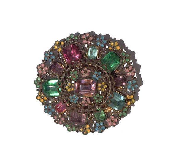Vintage 30s Czech Brooch Pastel Crystal & Enamel Bohemian Pin