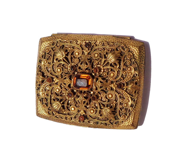 Vintage 30s Cigarette Case Topaz Ormolu Filigree Holder