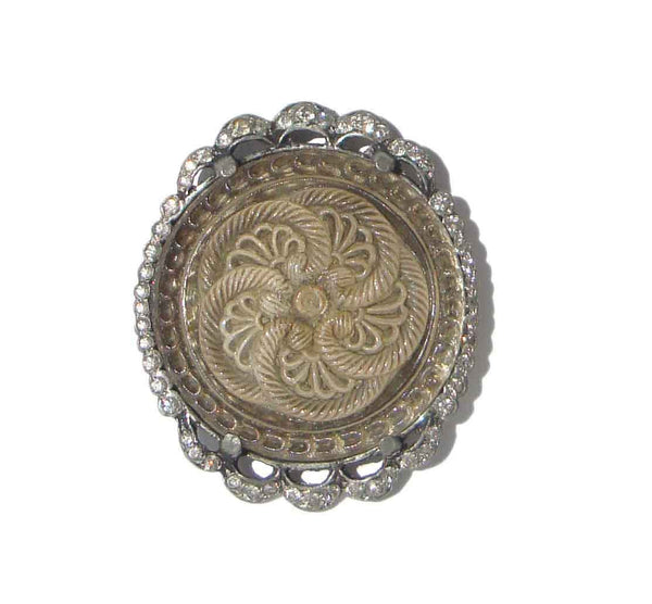 Vintage 30s Dress Clip w/ Antique Pressed Swirl Glass & Rhinestones