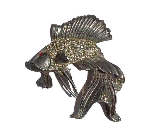 Vintage 30s Koi Fish Brooch w/ Rhinestones Pin