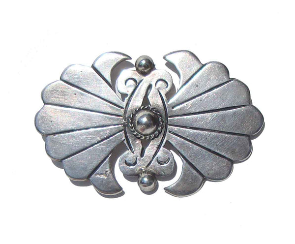 Vintage 40s Silver Mexican Concha Fan Brooch Art Deco Pin