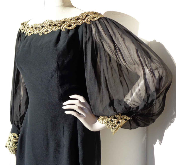 Black Chiffon Dress with Gold Embroidery