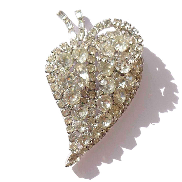 Vintage Juliana Style Rhinestone Leaf Heart Brooch Cocktail Pin 3+ Inches