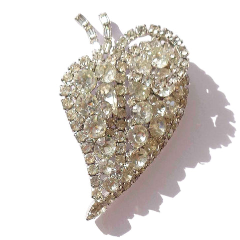 Vintage Juliana Style Rhinestone Leaf Heart Brooch Cocktail Pin 3+ Inches