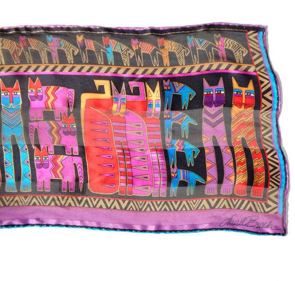 Vintage Laurel Burch Silk Scarf Fantastic Felines Cats 10.5 x 52