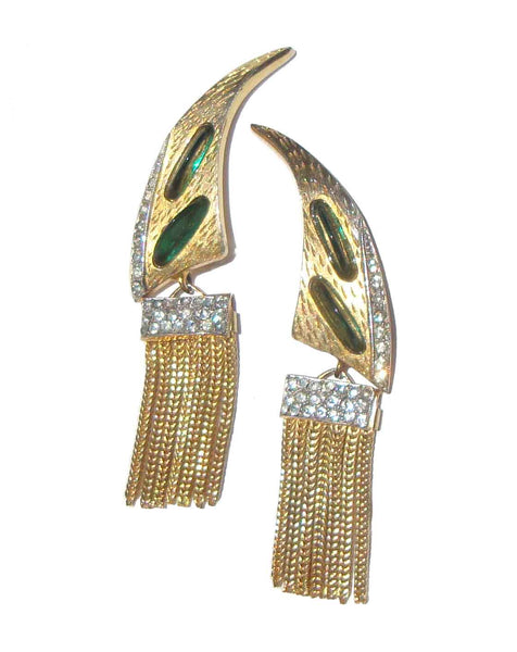 Vintage Bellini Waterfall Earrings Emerald Art Glass Tassels & Rhinestones 