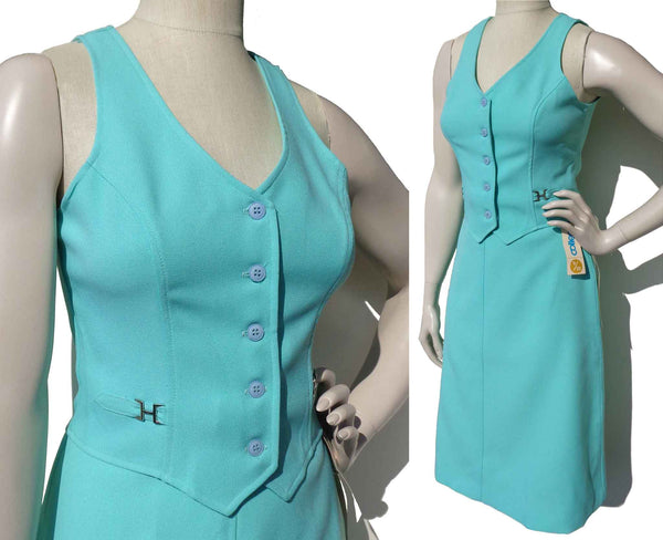 Vintage 70s Turquoise 2-Piece Skirt & Vest Set Deadstock w/ Tags - XS
