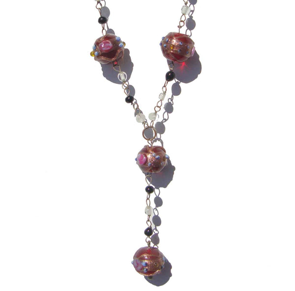 Art Deco Beaded Y Necklace Lariat Pink Wedding Cake Venetian Glass Beads