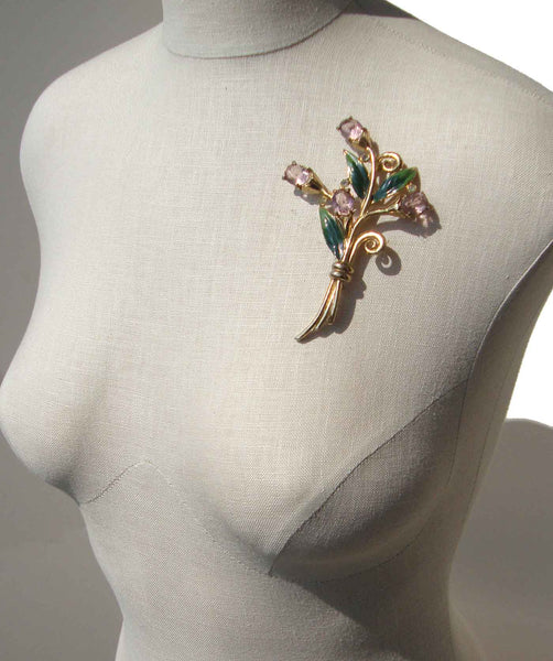 1930s Deco Pink Rhinestone Floral Spray Pin
