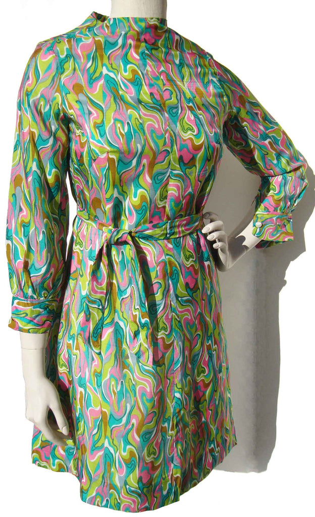 Vintage 60s Mod Silk Dress Pink & Green Mini Psychedelic Print S AS IS Vintage 60s Mod Silk Dress Pink & Green Mini Psychedelic Print S AS IS