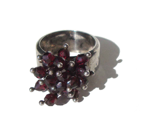 Vintage Sterling Silver & Garnet Cluster Ring Artisan Made Sz 9