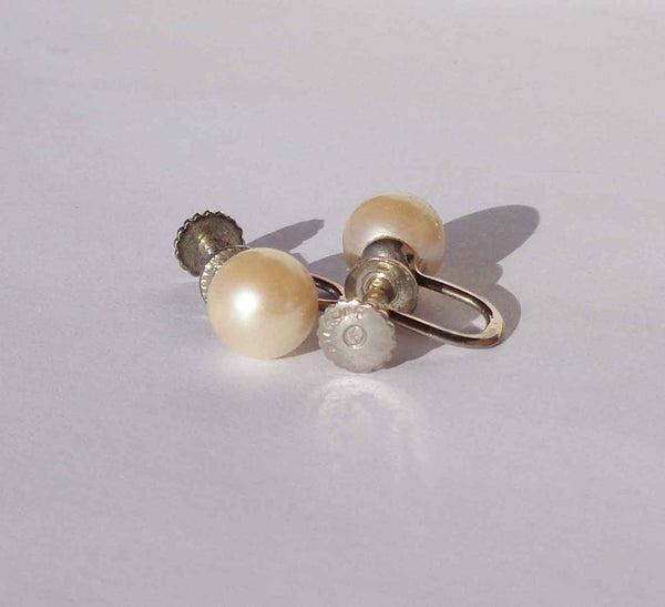 Screw Back Pearl Earrings - Signed F