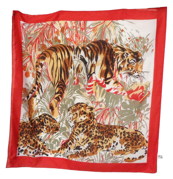 Scarf with tigers and leopards design on a red border