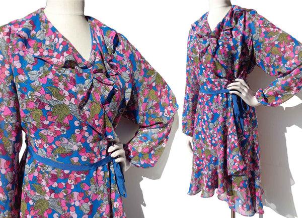 Vintage Betsey Johnson Fruit Cocktail Ruffled Wrap Dress