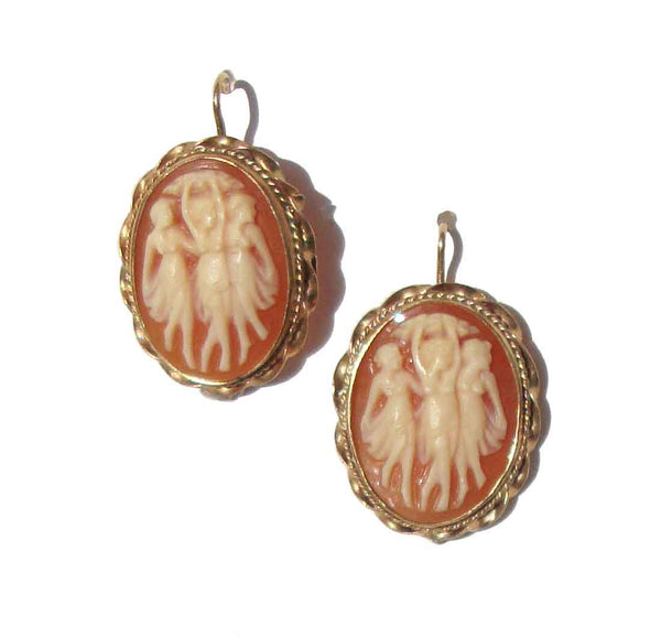 Antique 14K Cameo Earrings The Three Graces Dangle Drops