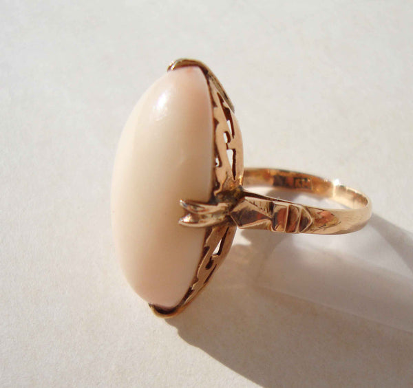 Art Deco 14K Gold Angel Skin Coral Ring