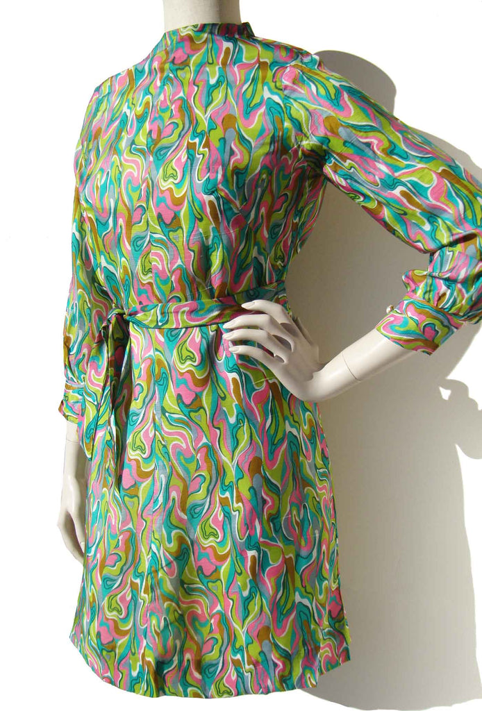 Vintage 60s Mod Silk Dress Pink & Green Mini Psychedelic Print S As Is Vintage 60s Mod Silk Dress Pink & Green Mini Psychedelic Print S As Is