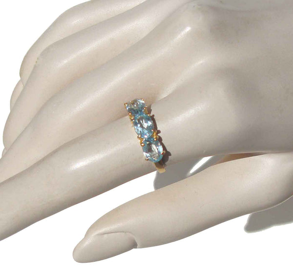 Vintage 14K Gold & Aquamarine Oval Three Stone Cocktail Ring Sz 8.25