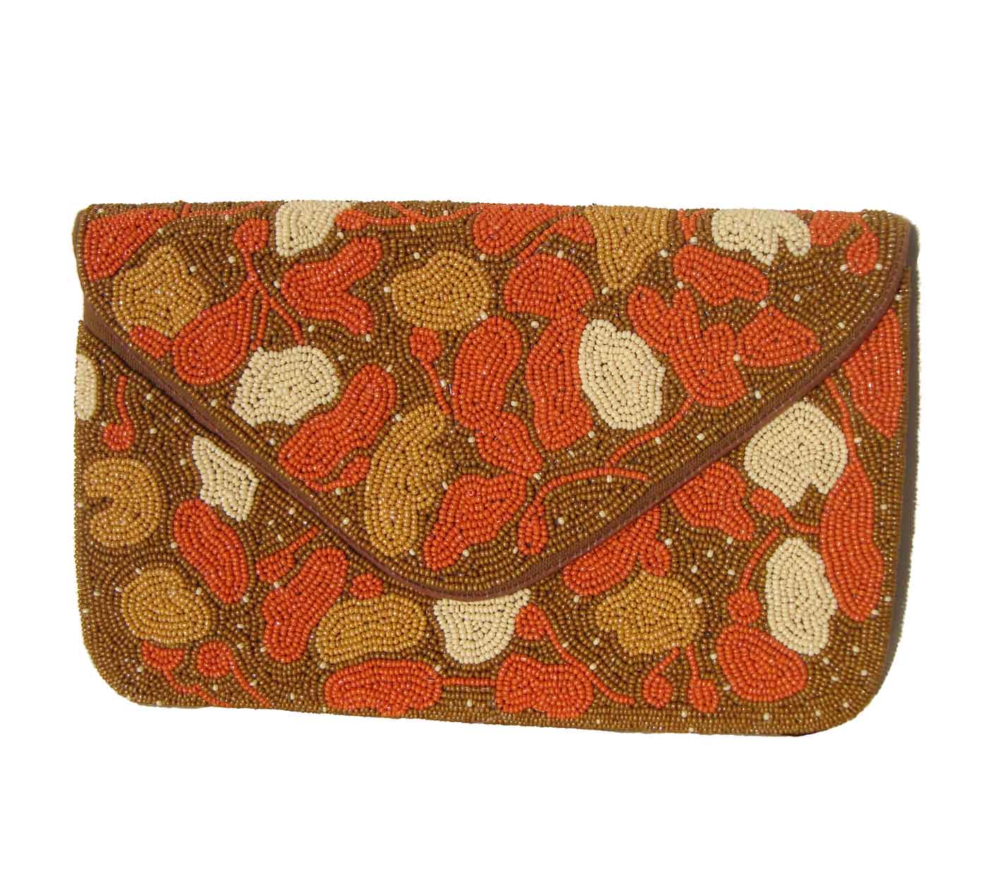 Vintage Okpta Beaded Clutch Bag Leafy Orange Beads Cocktail Purse