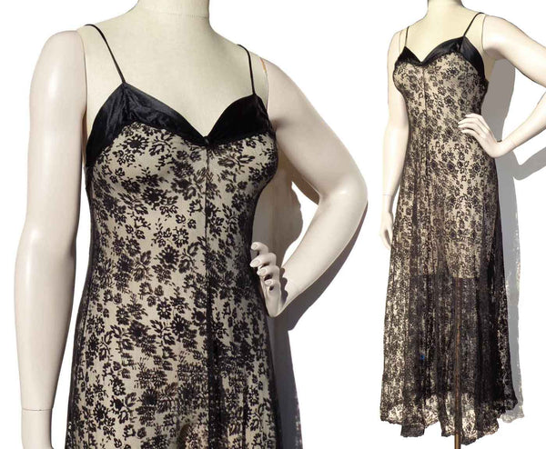 Vintage 90s Black Lace Negligee Lingerie Nightgown S XS