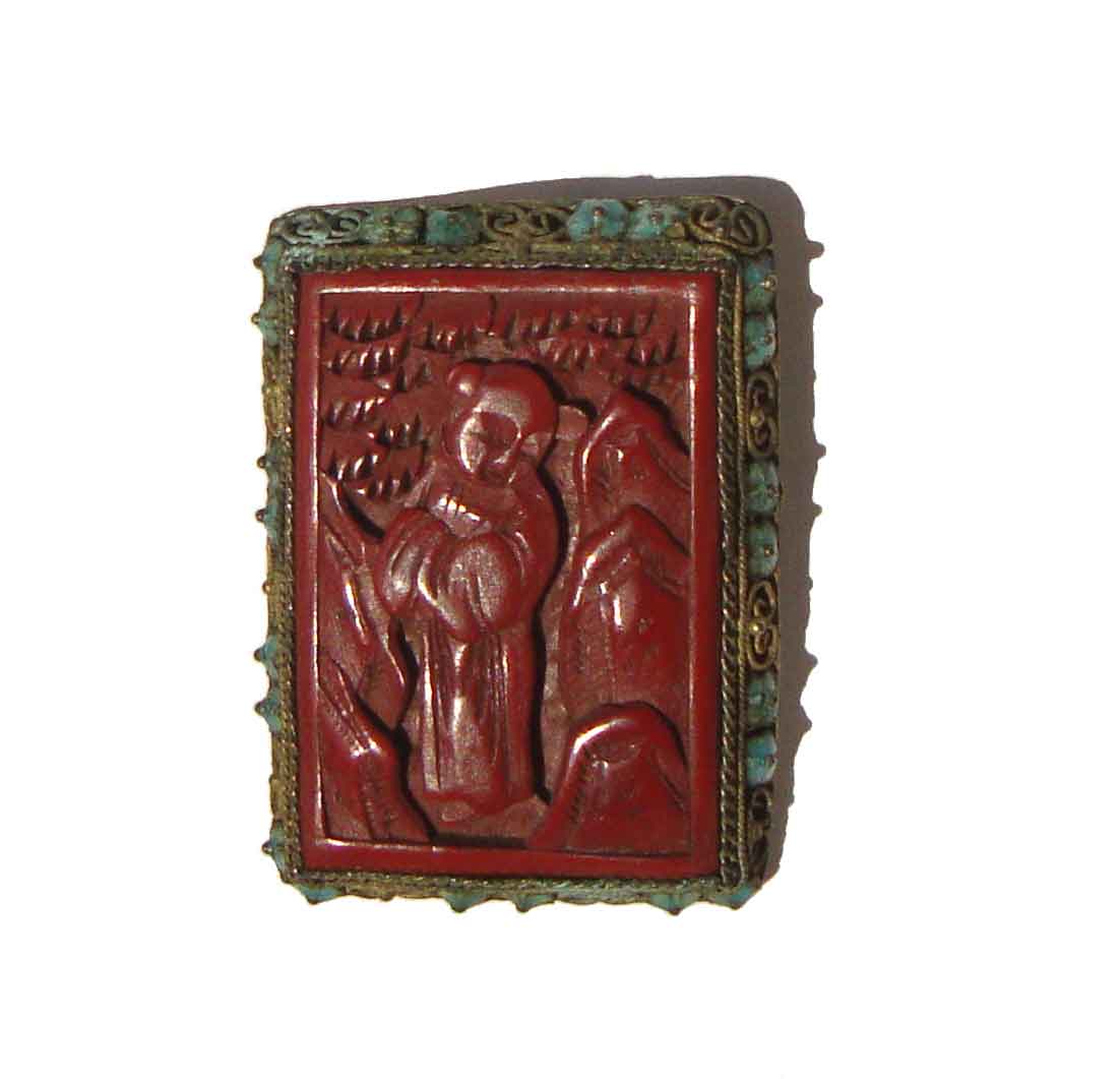 Vintage 40s Carved Cinnabar & Brass Chinese Export Dress Clip
