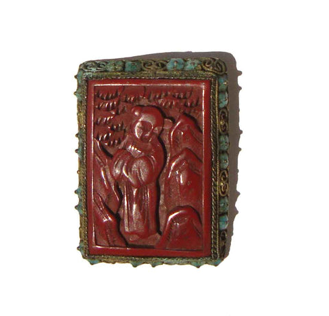Vintage 40s Carved Cinnabar & Brass Chinese Export Dress Clip