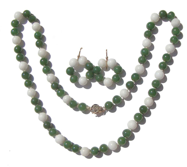 Vintage 14K Jade Green & White Beaded Jadeite Necklace & Earrings Set