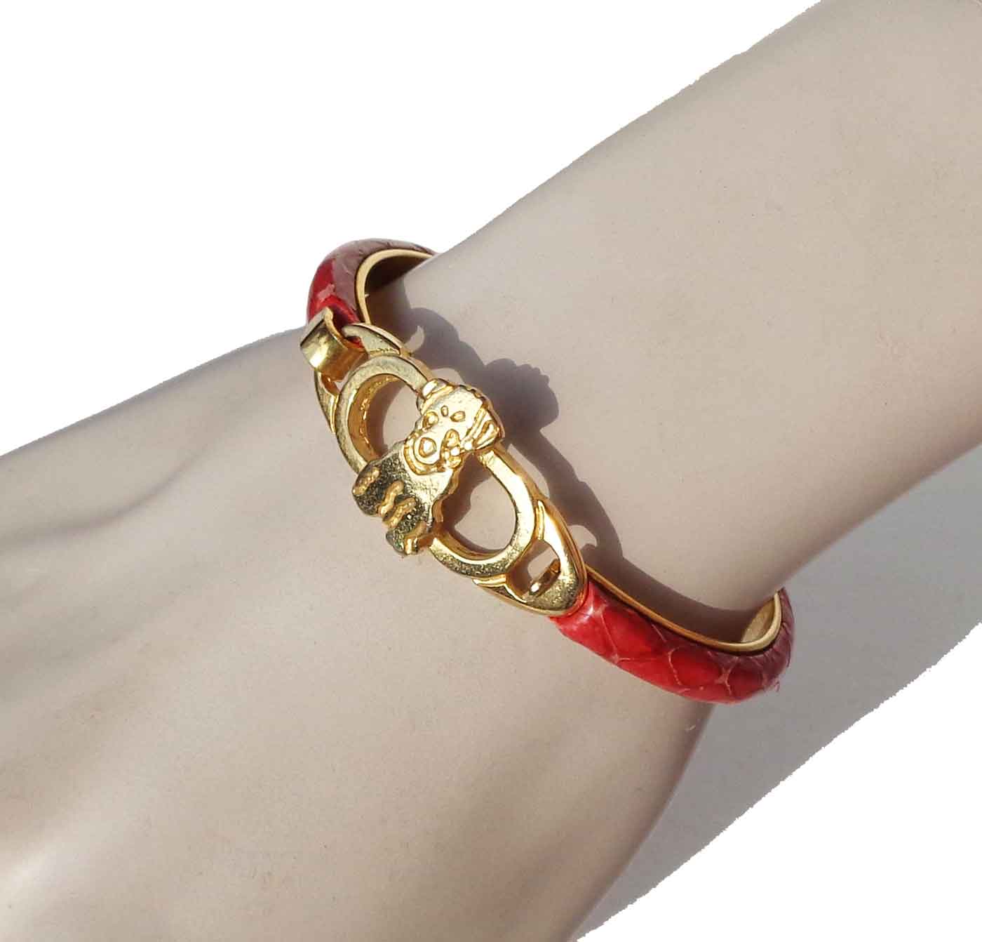 Vintage 80s Red Snakeskin Bracelet Dog Motif Bangle – Italy 