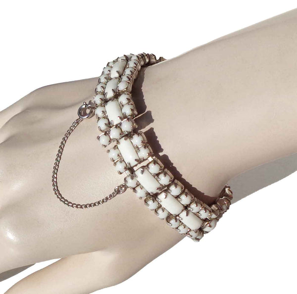 Kramer Milk Glass Rhinestone Bracelet - Metro Retro Vintage