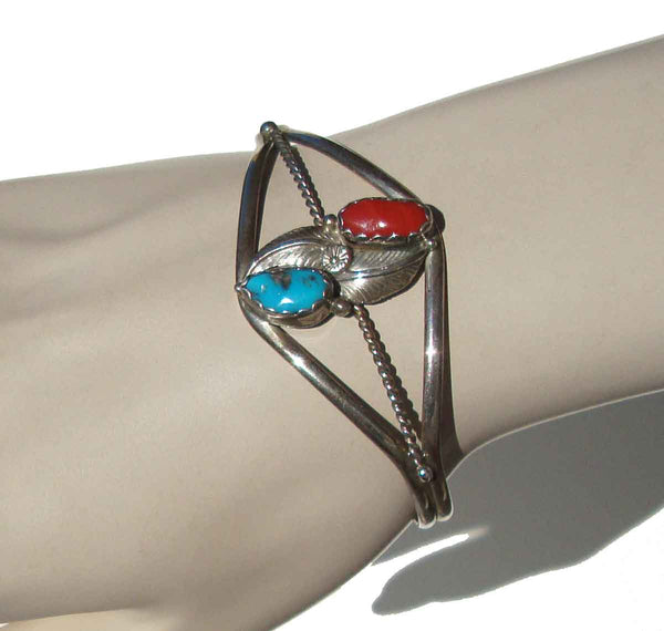 Navajo Sterling Turquoise & Coral Bracelet by Paul Johnson