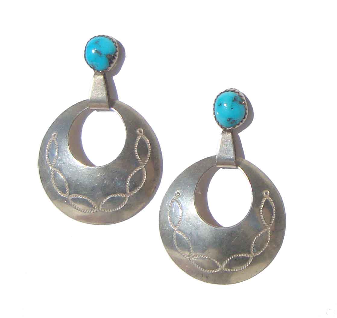 Vintage 70s Navajo Sterling & Turquoise Hoop Earrings