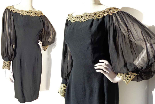 Vintage 80s O-Dett Dress Black Chiffon & Gold Metallic Trim S / M