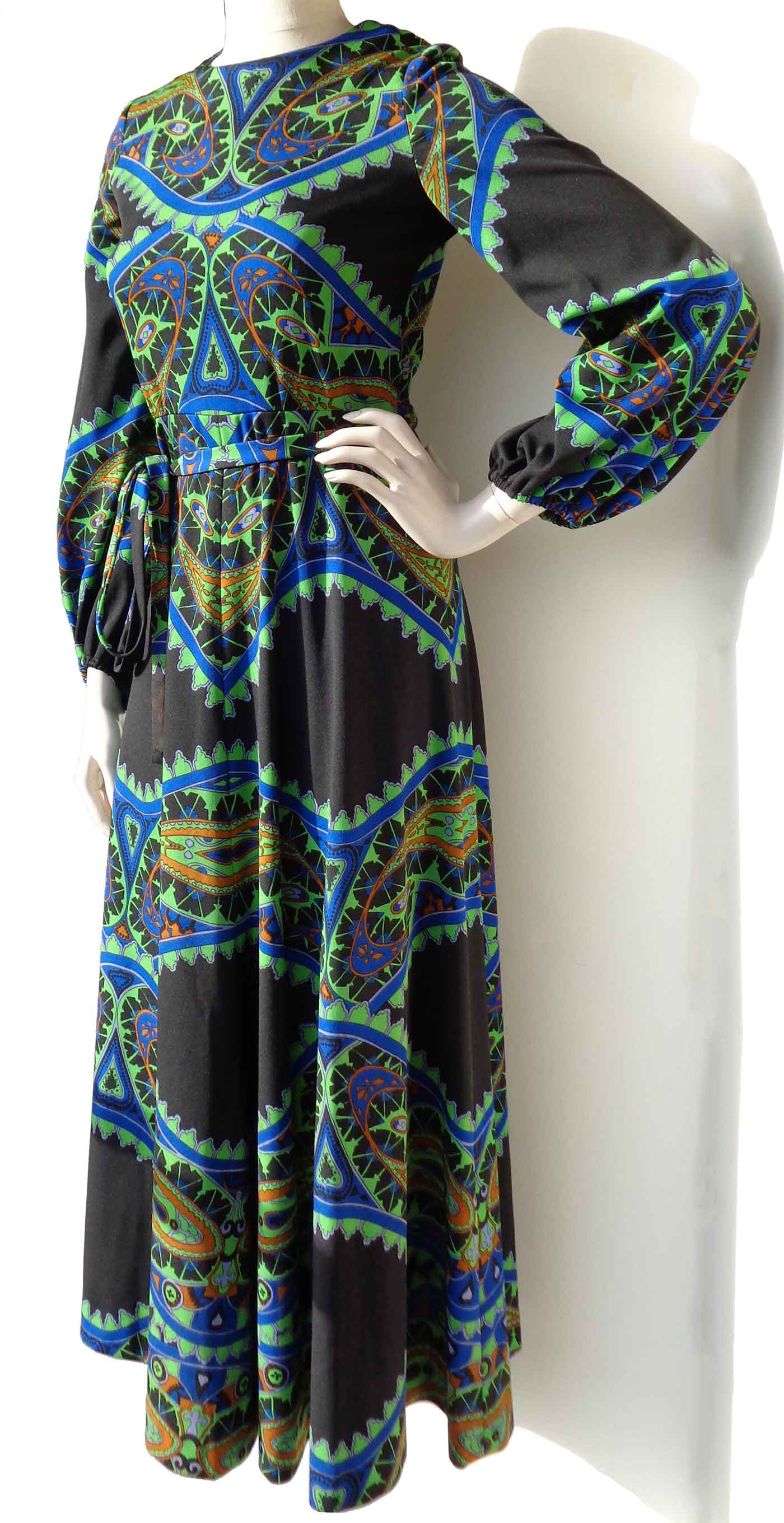 Vintage 70s Psychedelic Maxi Dress Boho Mod Paisley Print M