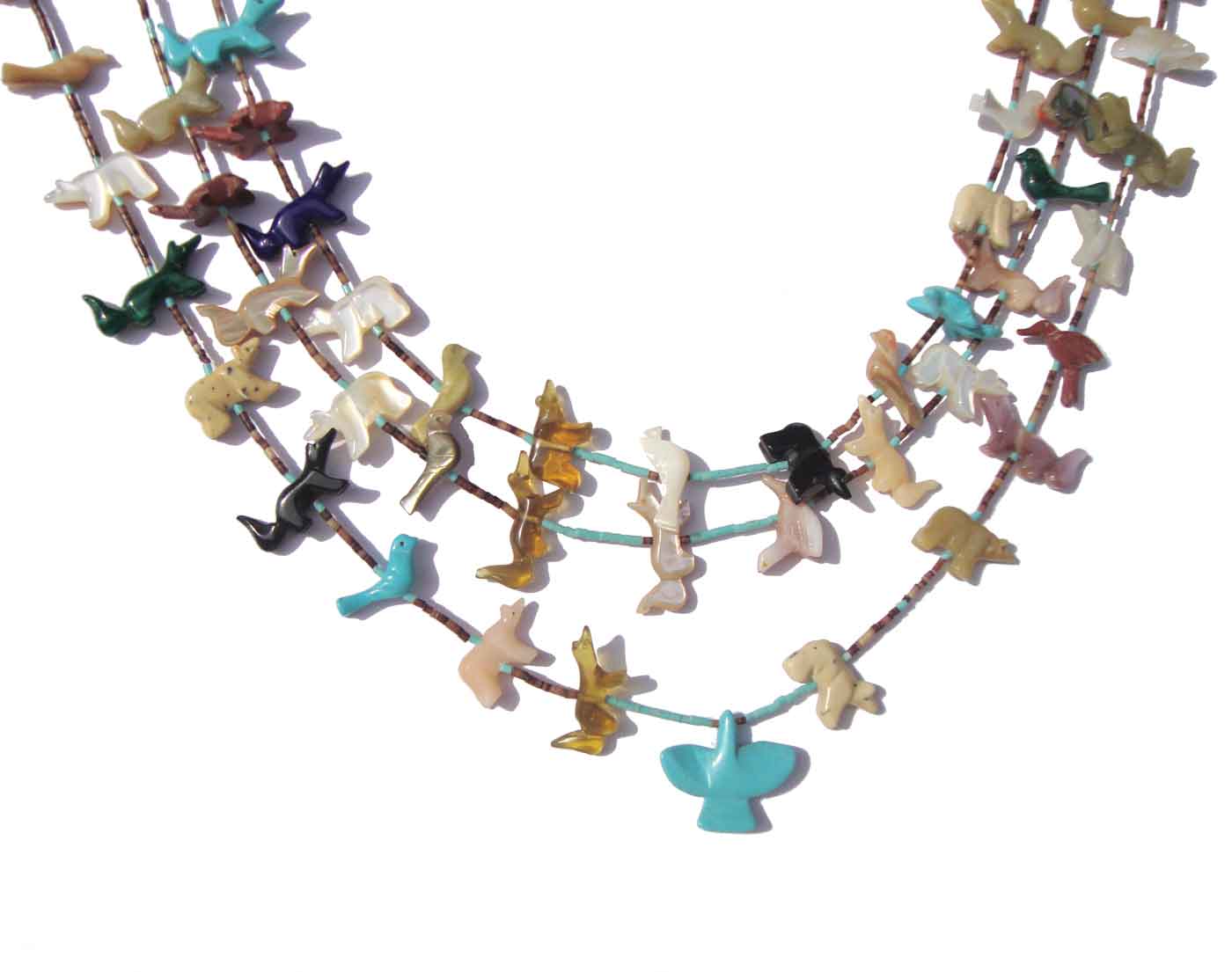 Vintage 70s Zuni Triple Strand Fetish Necklace Sterling Turquoise Heishi Beads