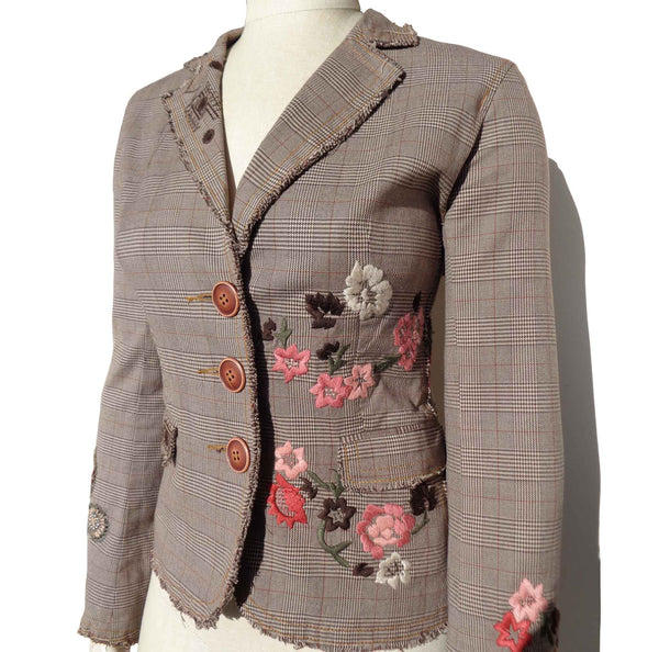 Vintage Gerard Darel Jacket Brown Plaid w/ Embroidered Flowers Blazer S XS